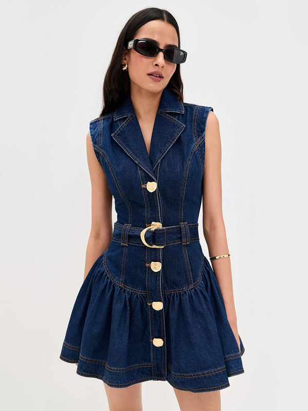 2026 New Blue Sleeveless Women Single-Breasted Belt Short Denim Dresses Woman Retro Slim A Line Mini Dress