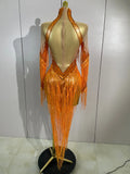 Women Sparkly Diamond Orange Tassel Latin Dance Outfits Long Sleeves Mesh Transparent Dress Bar Nightclub Party Club Stage Wear