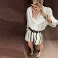 Boho Colorful Stripe Midi Skirt Set Turn Down Collar Single Breasted Long Sleeve Shirt Fitted Waist Flowy Women Skirts Outfits