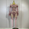 Luxury Embroidery Sexy Long Sleeves Mesh Stretch Jumpsuit Sparkly Diamond Evening Birthday Party Bar Nightclub Stage Show Wear