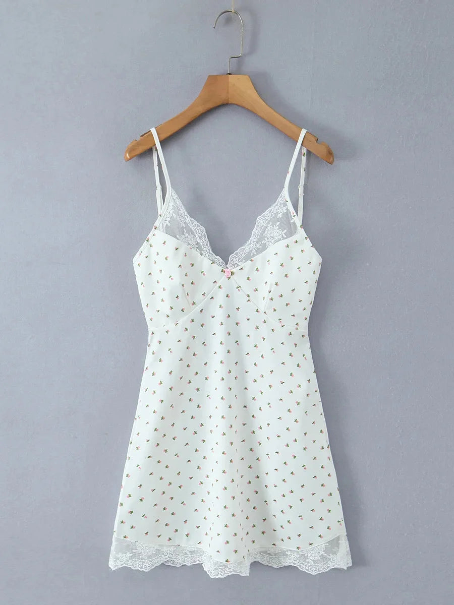White Cozy Homewear Lace Trim Polka Dot Mini Slip Dress for Women Slim Satin Fabric Nightgown for Pajama Parties