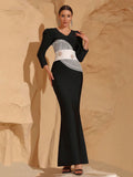 Women Celebrity Sexy Long Sleeve Patchwork Black Maxi Long Bodycon Bandage Dress 2024 Elegant Evening Club Party Outfit