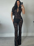 Sexy Jumpsuit Woman Metal Knot Patchwork Jacquard Ruched Waist Stretch Skinny Midnight Workout Streetwear Overalls