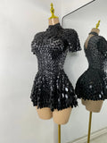 Sexy Women Short Sleeve Sparkly Sequins Stage Dress Luxury Evening Party Nightclub Performance Costume Stage Wear