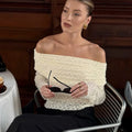 Chic Off The Shoulder Apricot Jacquard Knit T Shirt for Women Slimming Long Sleeve Ruched Design for Romantic Dates
