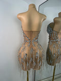 Luxury Crystals Diamonds Evening Party Dress Women Sexy Halter See Through Mesh Birthday Gowns Nightclub Singer Stage Wear
