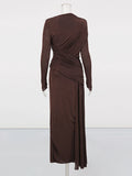 Elegant Slim Fit Folds Irregular Long Dress Fashion Women Long Sleeve Diagonal Collar Robes 2025 Chic Party Banquet Wear