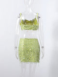 Women's Lime Green Sequined skirts Set 2 pieces sexy Spaghetti Strap Crop Top Mini Skirt with Tassel Lady Party Outfits
