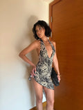 Zebra Print Halter Dress Y2k Deep V Neck Backless Irregular Hem Mini Gown 2026 Autumn Women's Nightclub Party Street Sundress