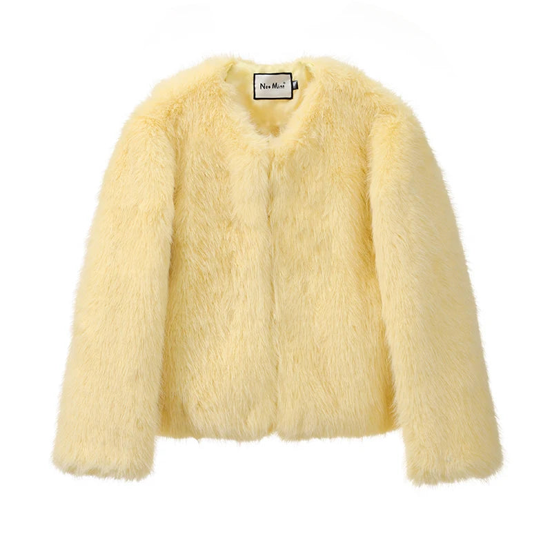 Cool Street Girls Winter Fashion Fluffy Fox Fur Jacket Women Casual Round Neck Faux Fur Coat Chic Thick Warm Outerwear