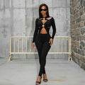 Sexy Hollow Out Jumpsuits Woman Trend Metal Buckle Decoration Full Sleeve Skinny Peach Hip Party Club Street Overalls