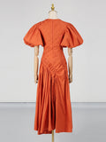 Solid Spliced Drawstring Folds Designer Maxi Dress for Women O Neck Puff Sleeve High Waist Elegant Party Dresses Female New