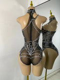 Women Sexy Sparkly Rhinestone Halter Mesh See Through Bodysuit Nightclub Performance Dance Costume Singer Stage Wear