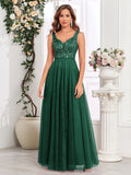 Sleeveless Evening Dresses V-Neck Sequined Embroidery Long Party Gown Clothing Elegant Mesh A-Line Formal Wedding Dress