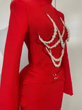 Women Celebrity Evening Party Club Prom Luxury Birthday Dresses Elegant Pearl Beaded Sexy Long Sleeve Bodycon Long Bandage Dres