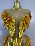 Sexy Mesh Stretch Sparkly Golden Diamonds Mini Dress Women Elegant Evening Party Birthday Wedding Gown Photo Shoot Stage Outfit