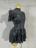 Lady Fish scales shell sequins Scale Sequin Bodysuit HighNeck Short Sleeve Ruffle Skirt Costume For Women Nightclub Stage Wear