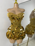 Sparkly Sequins Diamonds Women Sexy Mesh Strapless Short Sleeveless Gold Party Nightclub Performance Costume Stage Wear