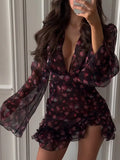 Elegant Flora Painted Ruffle Mini Dress Women Chic Full Sleeve Deep V-neck Slim A-line Short Robe 2026 Lady Vacation Street Gown