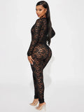 Sexy Jacquard Jumpsuit Women Sexy Mesh Patchwork Low-Neck Hollow Full Sleeve Skinny Midnight Party Clubwear Overalls