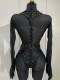 Sexy Festivals Outfit Sparkle Diamonds Sequins Black Spandex Jumpsuit Women Eveing Birthday Party NightClub Bar Stage Costume