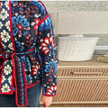 Floral Print Tie Waist Quilted Cotton Jacket  Stand Collar Loose Fit 2026 Spring Women Bohemian Vintage Daily Fashion Outerwear