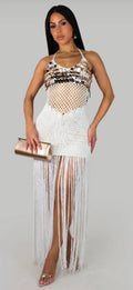 Sexy Cutout Crochet Beach Dress 2026 Summer Women One Shoulder Backless Knitted Sequined Fringe Tassel Midi Dress Clubwear