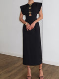 Black Loose Spliced Buttos Chic Dresses for Women O Neck Sleeveless Elegant Commute Dress Female Summer Fashion New
