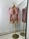 Sexy Mesh See Through Rhinestones Two Pieces Dress Coat Sets Women Sparkly Tassels Performance Singer Dancer Stage Costume