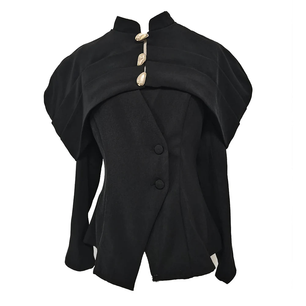 Black Luxurious Coat for Women V Neck Long Sleeve Patchwork Buttons Tunic Cape Style Short Jacket Female Autumn New