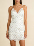 White Cozy Homewear Lace Trim Polka Dot Mini Slip Dress for Women Slim Satin Fabric Nightgown for Pajama Parties