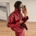 Women 2‑Piece Outfit Glossy Waxed Faux Leather Zip‑Up Jacket And High Waist Split Midi Skirt Set Fall Streetwear Matching Suit