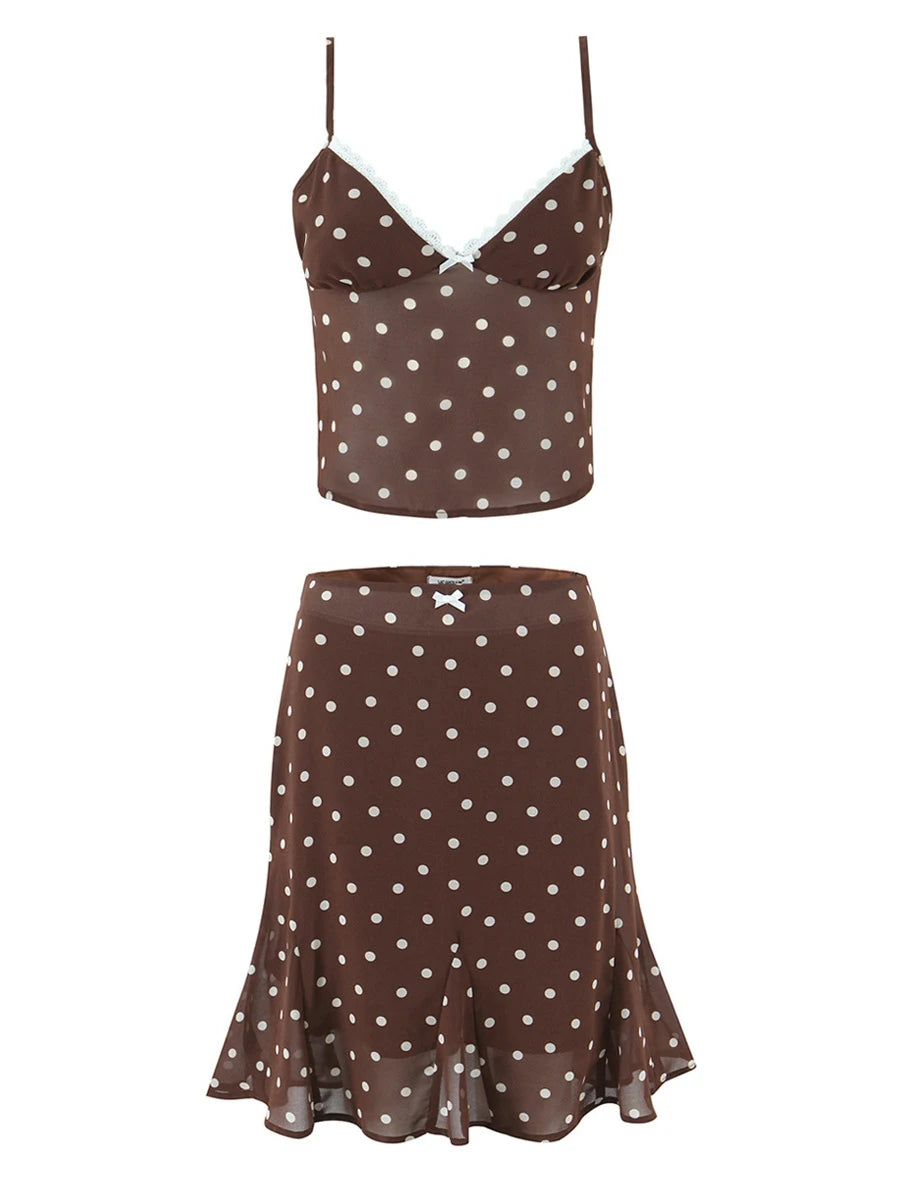 Casual Coffee Polka Dot Two Piece Set for Women Lace Trim Cami Sheer Mesh Ruffled Midi Skirt Set for Vintage Dates