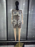 Sparkly Silver Diamond 3D Butterfly Sheer See Through Bodycon Jumpsuit Eveing Party Birthday Bar Nightclub Sexy Stage Costumes