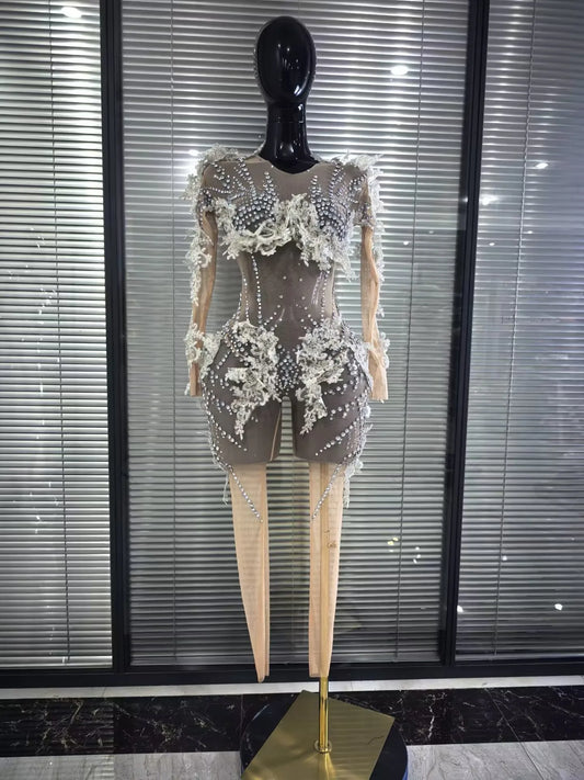 Sparkly Silver Diamond 3D Butterfly Sheer See Through Bodycon Jumpsuit Eveing Party Birthday Bar Nightclub Sexy Stage Costumes