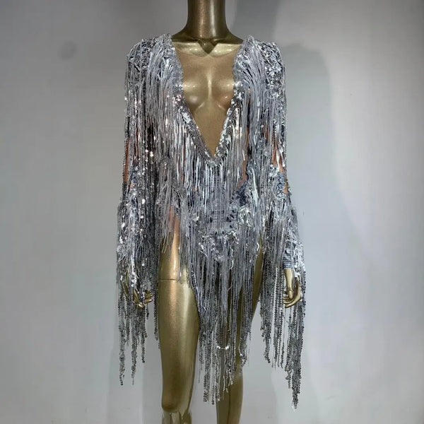 Sequin Tassel Glam Mesh See-through Onesie Bar Nightclub DJ Stage Performance Sequin Costume Vestidos De Noche De Lujo De Fiesta