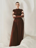 Solid Slim Fit Maxi Dress Elegant O-neck Detachable Long Sleeves Party Dress New Temperament Pleated Women Maxi Dresses