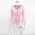 Ruffled Knit Casual Pullover Women's Bow Lace Up V-Neck Solid Slim Commuter T-Shirt Summer New Female Party Vacation Top