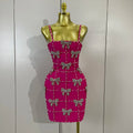 Women Elegant Luxury Bow Diamonds Pearl Club Evening Party Mini Knitted Dresses Sexy Spaghetti Strap Bodycon Bandage Dresses