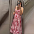 Elegant Women's Printed Pleated Dress Slim Short Bubble Sleeve V-neck Split Dresses 2026 Spring Summer Lady Fashion Holiday Robe