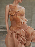 Fashion Orange 3D Floral Appliquet Mini Dress for Women Sleeveless O Neck Slim Sheer Tulle Puffed Skirt for Themed Parties