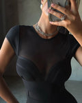 Black Burgundy Sexy Mesh Patchwork Bodycon Midi Bandage Elasticity Dress Women's Basic Fashion Club Party Vestidos