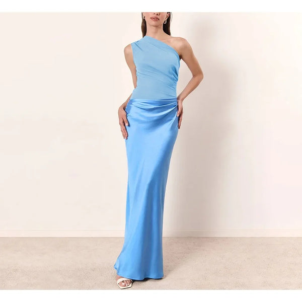 Solid Slimming Dresses for Women Slanted Collar Sleeveless High Waist Temperament Dress Female Fashion