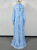 Solid Spliced Ruffles Elegant Dresses For Women Turtleneck Long Sleeved High Wasit Slim Floor Length Dress Female Fashion