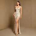 Women's V Neck Backless Lace Up Sequin Mermaid Formal Evening Dress Spaghetti Strap Bodycon Prom Party Cocktail Maxi Gown