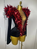 New Shiny Black Rhinestone Velvet Long Sleeve Bodysuit Women Evening Party Club Gala Hosts NightClub Bar Stage Costumes