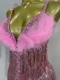 2026 New Sexy Nightclub Bar DJ Performance Dancer Stage Costume Sparkly Rhinestones Feathers Tassels Mesh See Through Bodysuits