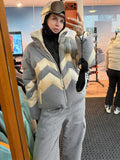 Women Color Block Spliced Ski Set Fleece Lined Stand Collar Zip Jacket Multi‑Pocket Wide Leg Trousers 2026 Winter Fashion Outfit