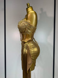 Women Sexy Strapless Sequins Rhinestone Gold Dress Glitter Top Two Pieces Sets Birthday Evening Party Club Singer Stage Outfit
