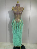 Women Sparkly Rhinestone Eveing Birthday Party Nightclub Bar Stage Costume Sexy Sleeveless Mesh Ruffled See Through Long Dress